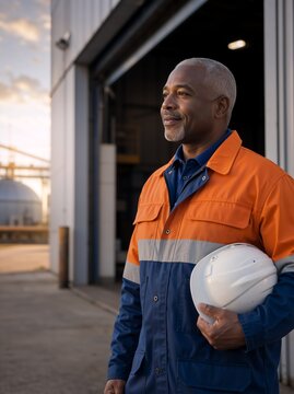 Vertical portrait of a mature Black male industrial worker holding a hard hat. Confident senior foreman in orange uniform at sunset