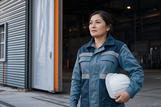 Confident female industrial supervisor holding a hard hat outside a factory. Woman worker in gray uniform. Copy space