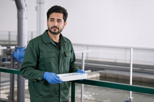 Male industrial worker holding a sample tray in a water treatment plant. Young technician in green uniform and blue gloves observing a manufacturing facility