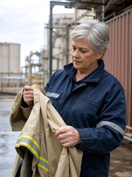 Vertical portrait of a mature female industrial worker inspecting a safety jacket. Senior woman in uniform checking protective workwear at a manufacturing plant