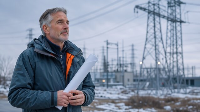 Mature male engineer holding blueprints near electrical transmission towers. Senior project manager observing an energy infrastructure site in winter