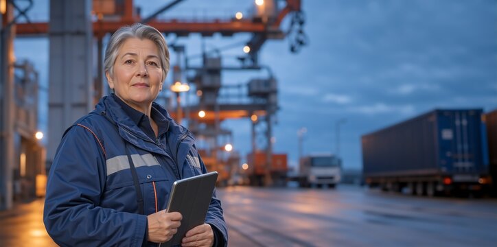 Portrait of a mature female logistics manager holding a tablet at a shipping port. Confident senior woman in uniform working at a cargo terminal at dusk