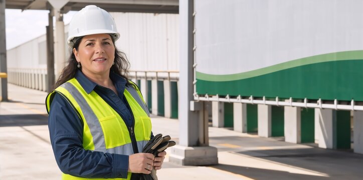 Portrait of a confident female industrial worker in a hard hat and safety vest. Smiling mature woman holding work gloves at a logistics or construction site