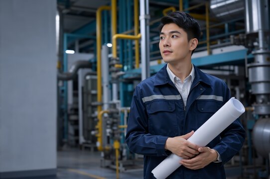 Vertical portrait of young Asian male engineer holding blueprint in industrial plant. Professional factory worker in blue uniform looking away