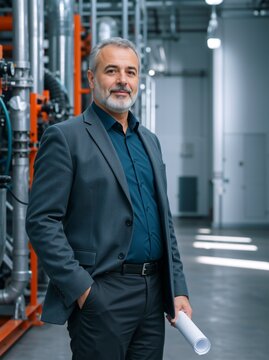 Vertical portrait of confident middle aged male engineer holding blueprint in factory. Successful industrial manager in modern manufacturing plant