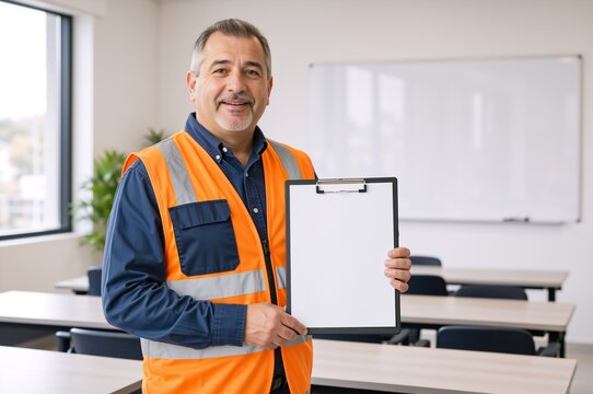 Vertical portrait of smiling male safety instructor holding blank clipboard in classroom. Mature worker in orange vest showing empty paper. Copy space for text