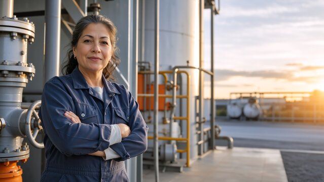 Confident female industrial worker in blue coveralls at sunset. Portrait of mature woman engineer at manufacturing plant or refinery