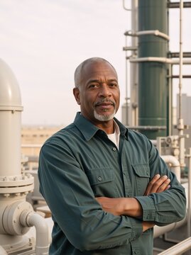 Confident mature African American male engineer at industrial plant. Portrait of black man worker with arms crossed in front of refinery pipes