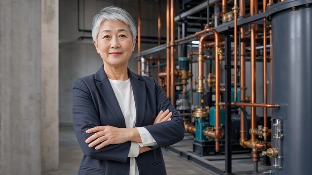 Confident mature Asian businesswoman in industrial facility. Female manager with arms crossed standing in front of copper pipes and machinery