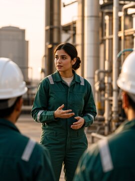 Vertical photo of female engineer leading safety briefing at industrial plant. Woman supervisor talking to team of workers in green uniforms at sunset