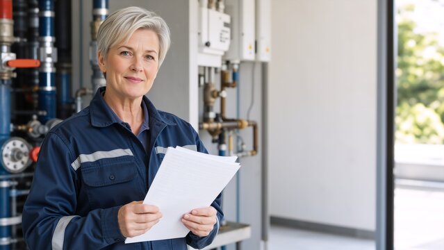 Vertical portrait of smiling mature female engineer holding documents in utility room. Professional woman inspector in blue uniform