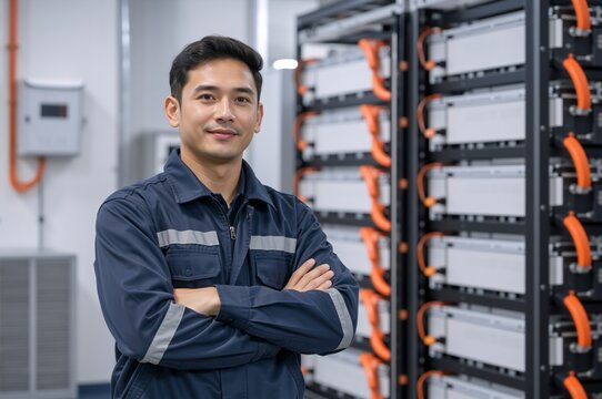 Confident young Asian male technician in modern facility. Portrait of engineer in uniform standing by battery storage or server racks