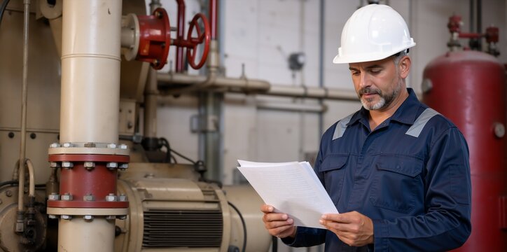 Middle-aged male engineer reading a document in an industrial facility. Factory worker in a white hard hat and blue uniform checking a maintenance report. Industrial manufacturing concept