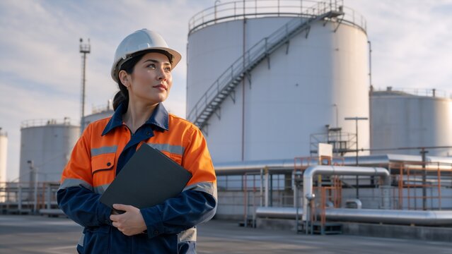 Female industrial inspector with hard hat and clipboard at refinery. Young woman engineer in high visibility jacket standing near storage tanks