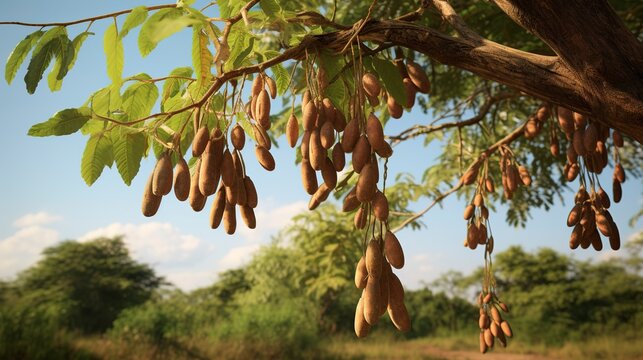 A photo of a tamarind tree with long pods