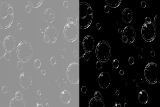 Transparent soap bubbles overlay set on grey and black backgrounds