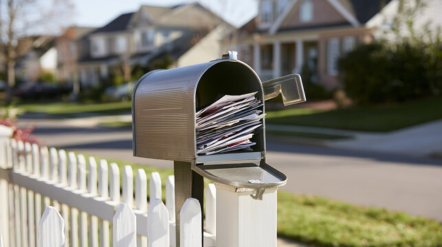 Open metal mailbox overflowing with letters, bills, and mail in a suburban residential neighborhood street with white picket fence backdrop