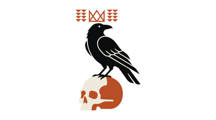 Obraz premium Minimalist raven perched on a skull with geometric crown symbol
