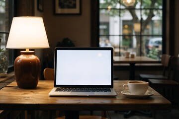 Fototapeta premium Cozy cafe setting for remote work, featuring a laptop, lamp, and coffee cup, perfect for freelancers.