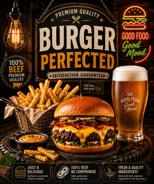 Rustic pub menu background with premium beef burger and beer glass