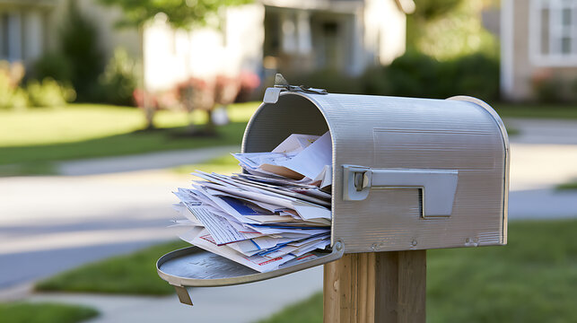 A full metal mailbox overflowing with letters, bills, and junk mail on a wooden post in front of a suburban home on a sunny day