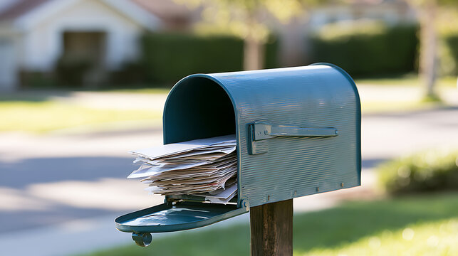 Blue metal mailbox full of letters and bills standing open in front of suburban house residential neighborhood street scene daylight photo