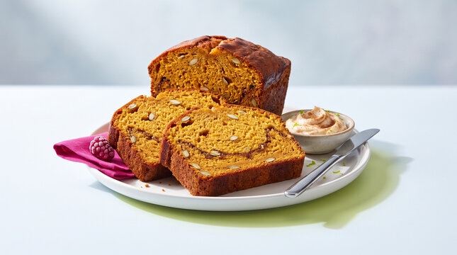 Pumpkin bread slices on a plate with butter and a knife  