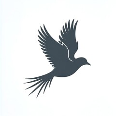 Fototapeta premium Dark gray silhouette of a flying bird with spread wings on white background