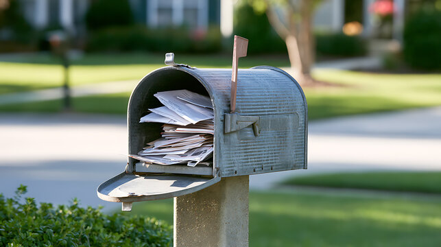 A metal residential mailbox filled with white letters and bills stands open on a wooden post in front of a suburban home on a sunny day