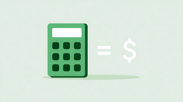 Minimalist vector illustration of a green calculator next to an equal sign and dollar symbol representing financial calculation and money