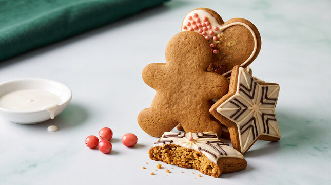 Gingerbread cookies decorated with icing and candy on a marble surface  