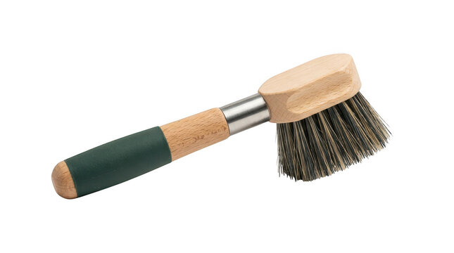 Wooden cleaning brush with dark bristles and green handle isolated on transparent background