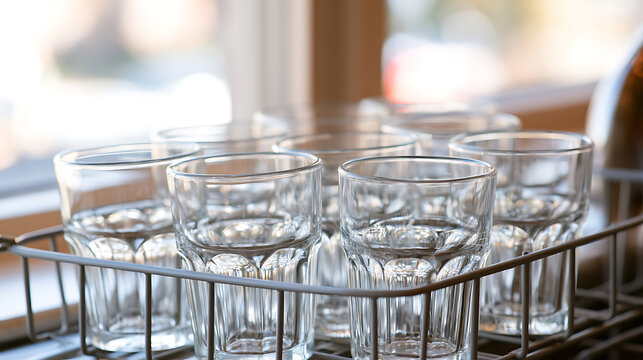 Clean empty glass cups stand organized in a metal dish rack near a window inside a bright kitchen interior ready for restaurant use
