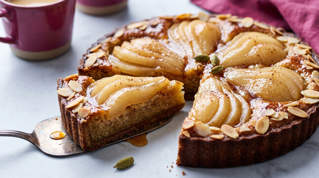 Spiced pear tart with almonds and caramel sauce on a marble table  