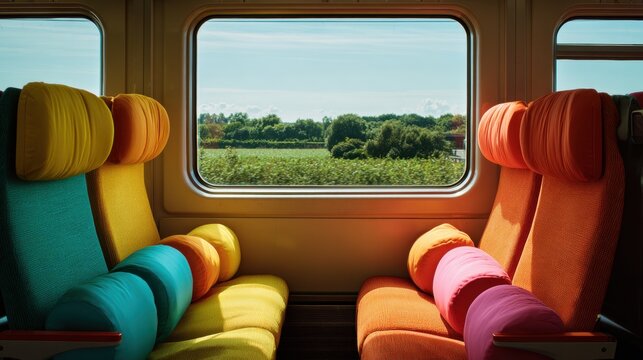 Train interior showcases colorful seating in vibrant tones of blue, orange, and yellow. Bright sunlight illuminates scene, highlighting lush greenery outside