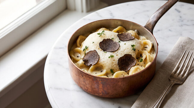 Gourmet truffle mac and cheese served in a miniature copper pot with aged cheese foam and shaved black truffles. Brilliant elite restaurant food photography in daylight.