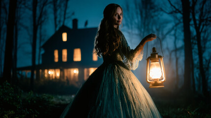 Fototapeta premium Mysterious Woman with Lantern Outside a Haunted House at Night