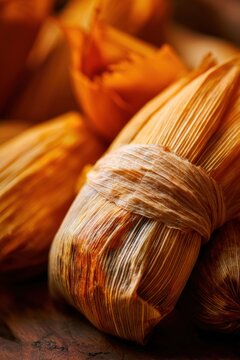 Tamales wrapped in vibrant corn husks create festive display. Rich textures in orange and brown highlight traditional craftsmanship. Scene evokes warmth and cultural celebration