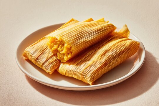 Tamales filled with yellow corn masa are displayed on white plate. Bright lighting highlights texture of corn husks and masa. Simple composition emphasizes delicious food