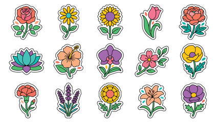Fototapeta premium Vibrant set of colorful flower stickers featuring roses tulips and blooms in a cheerful illustrated style