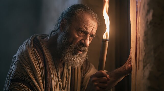 Israelite father marking the doorposts with lamb's blood during the first Passover night in Egypt.