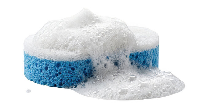 Blue cleaning sponge with thick white soap foam isolated on transparent background