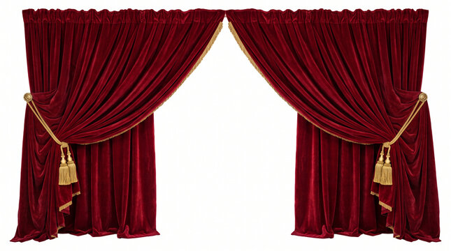 Ultra-realistic luxurious deep-red theater curtains, two heavy velvet curtain panels pulled open with elegant golden tiebacks, intricate folds and rich textile texture