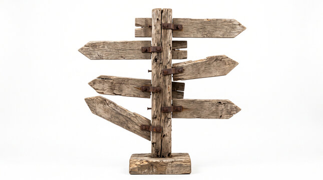 Highly realistic rustic wooden direction signpost made from several aged arrow-shaped boards, rough natural timber, visible wood grain, cracks, chipped edges and aged metal fasteners