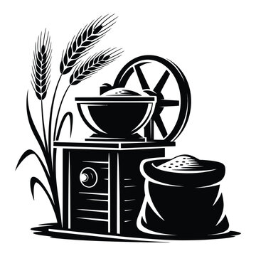 Wheat sheaves flour mill and grain sack depicted in a black silhouette