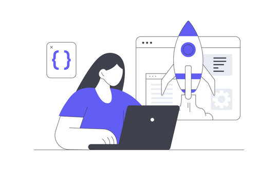 Game Project Development and Startup Product Launching. Female Specialist Working on Laptop with Code Tag and Rocket Launch Concept. Flat Cartoon Vector Illustration, icon Stylish abstract design web