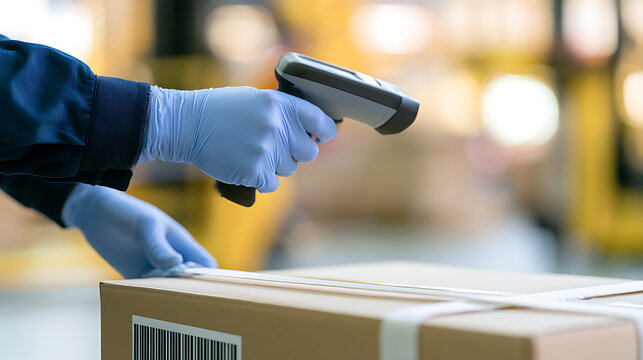 Worker in protective blue gloves scanning barcode on cardboard box with handheld reader in modern industrial warehouse fulfillment center