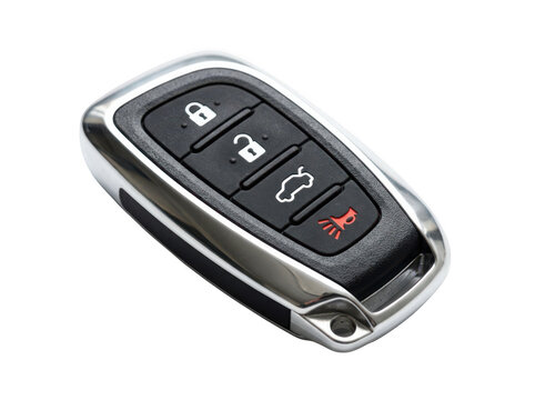 Modern car key fob with remote lock, unlock, trunk release, and panic alarm buttons isolated on transparent background