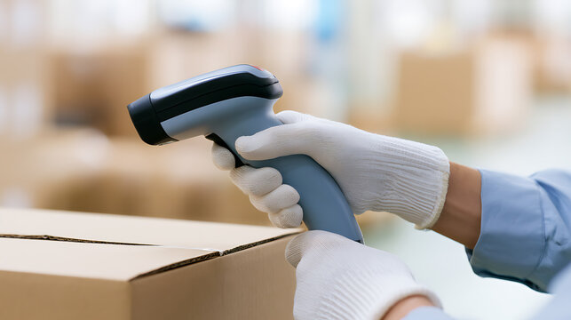 Worker hand in white glove hold barcode reader tool to scan package in warehouse logistics delivery center distribution supply chain facility