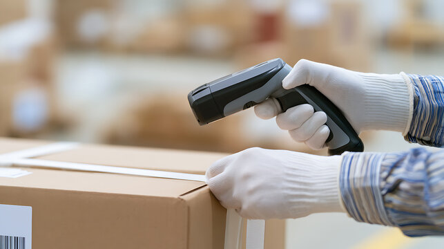 A worker in white protective gloves uses a digital barcode reader to check parcel delivery labels in a large commercial warehouse facility